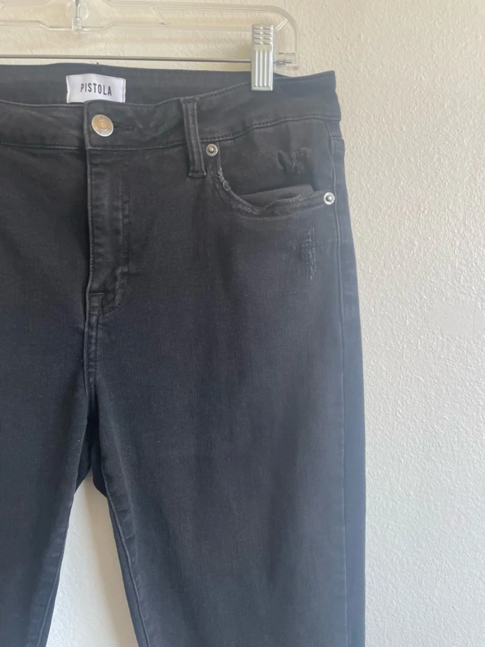Pistola Denim Jeans Sz 31 Black Cropped Raw Hem Distressed High Rise Straight